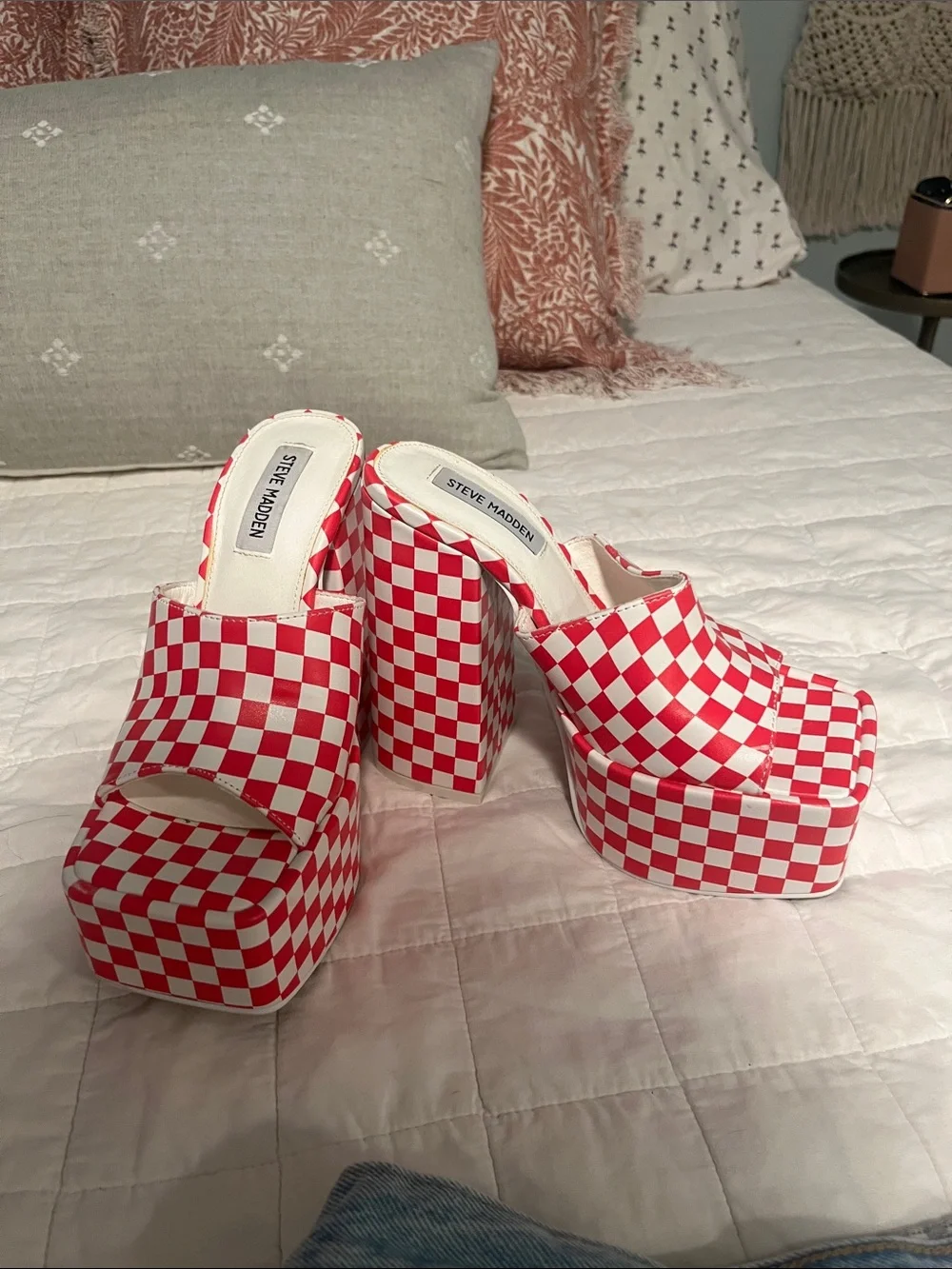 Steve Madden Pink and White Checkered Platform Mules